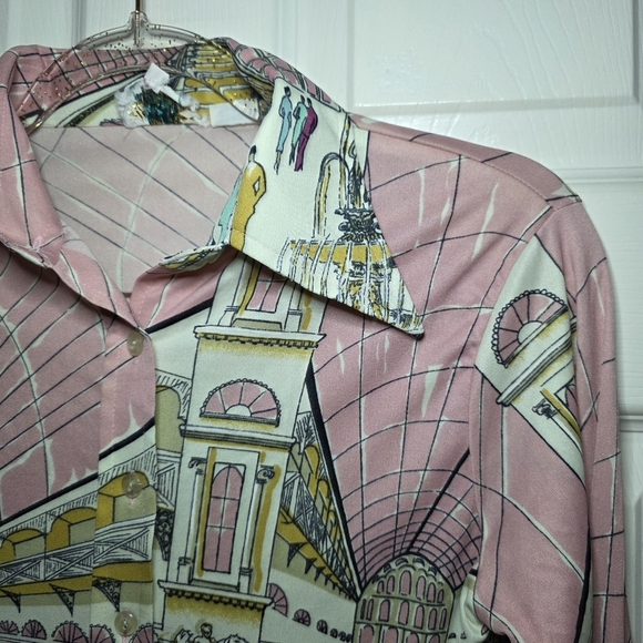 Helen Sue 1970s Art Deco Car Show Novelty Print Top Vintage Sz M - Picture 3 of 10